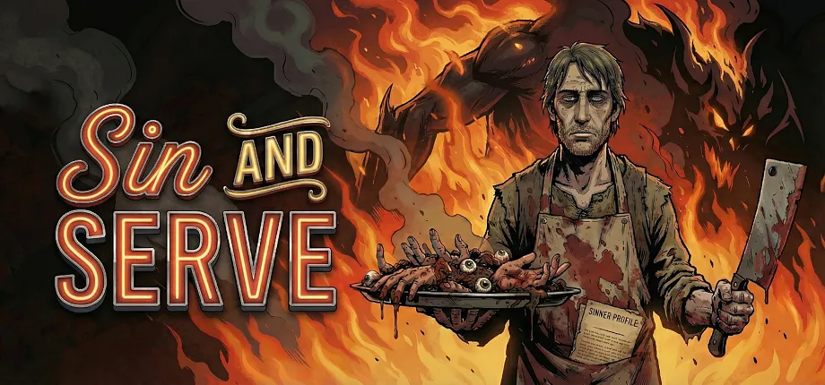 Sin And Serve key art: the game's neon logo beside a blood-stained cook holding a platter of hands and eyeballs and a cleaver, with demons in the flames behind him.